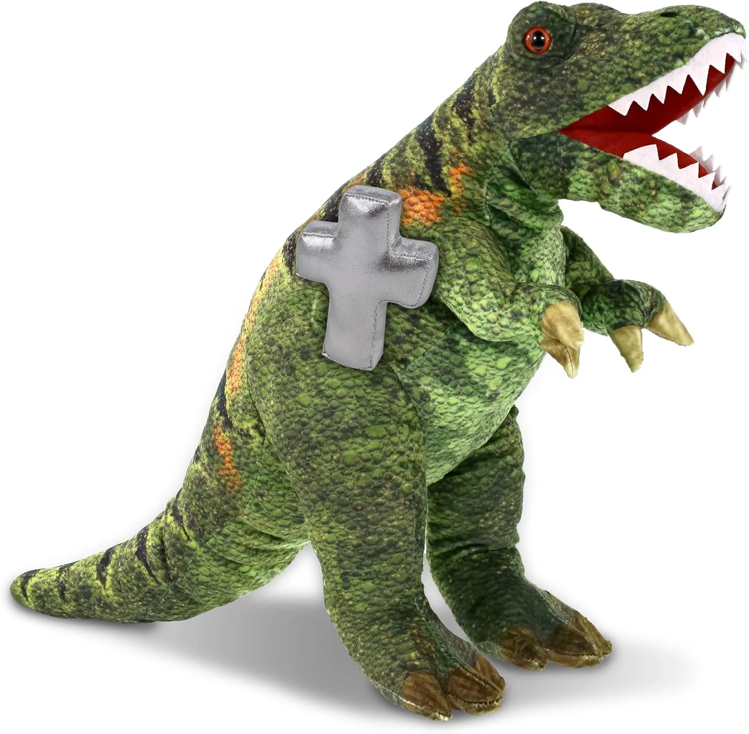 DolliBu T-Rex Dinosaur Stuffed Animal with Silver Cross and Personalization - Baby Baptism Gifts for Boys and Girls, Dedication Christening Gifts Plush Prayer Toy Healing Teddy Bear - 16 Inches