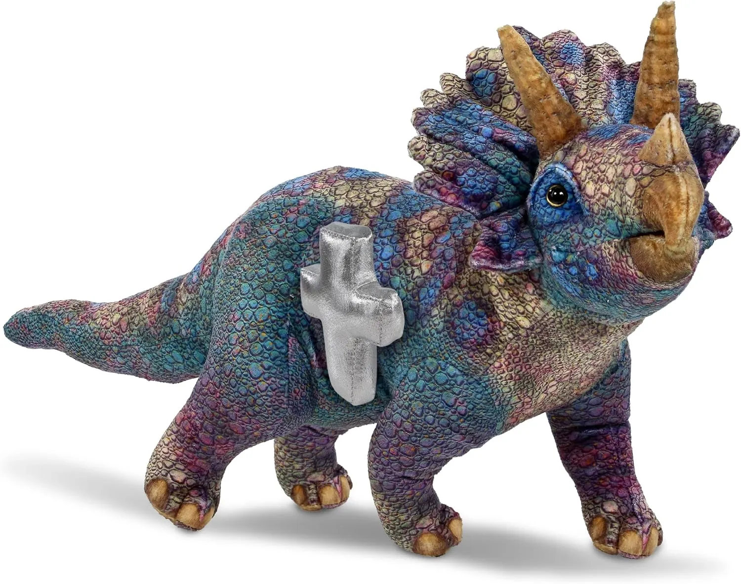 DolliBu Triceratops Dinosaur Stuffed Animal with Silver Cross and Personalization - Baby Baptism Gifts for Boys and Girls, Dedication Christening Gifts Plush Prayer Toy Healing Teddy Bear - 23 Inches
