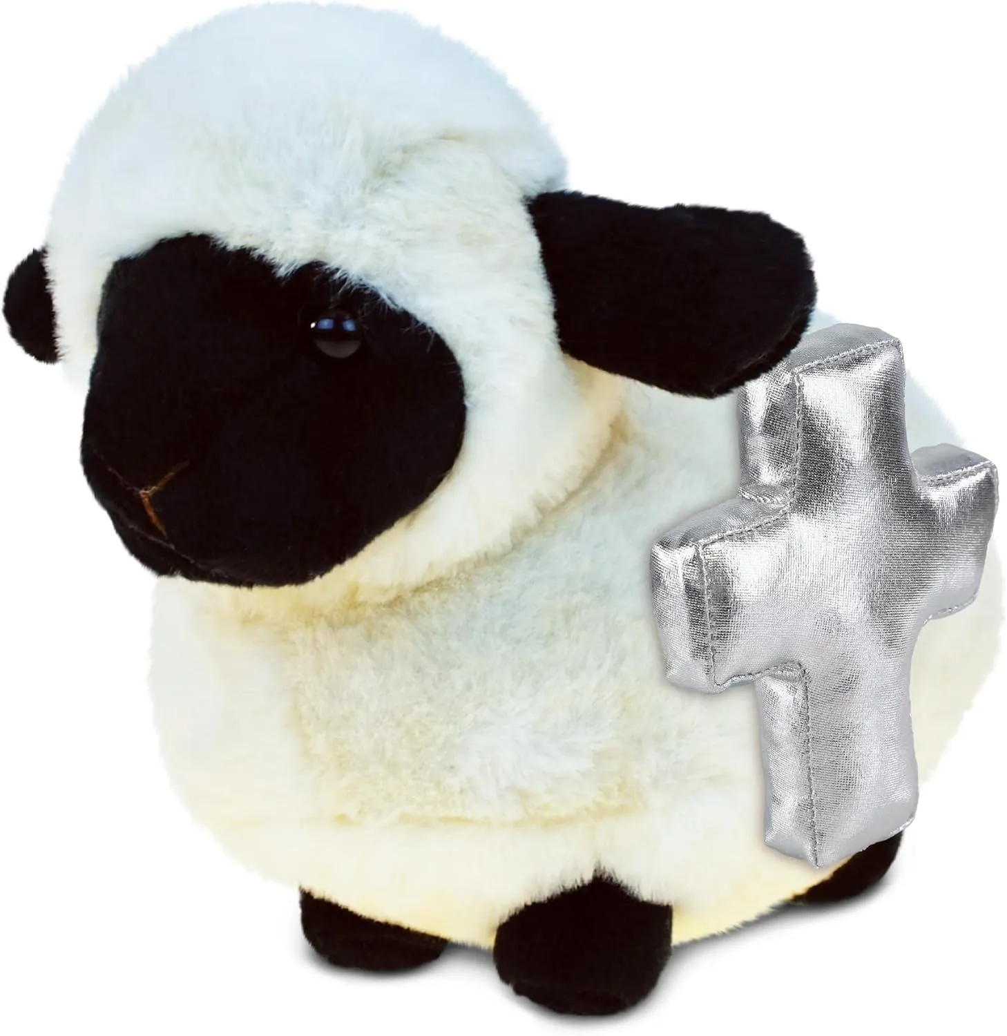 DolliBu Valais Blacknose Sheep Stuffed Animal with Silver Cross Plush – Religious Baptism Gifts for Boys and Girls, Dedication Christening Gifts Plush Prayer Healing Stuffed Animal – 6 Inches
