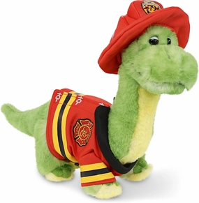 DolliBu Green Dinosaur Firefighter Stuffed Animal with Name Personalization - Super Soft Dinosaur with Red Fireman Costume Outfit and Fireman Hat, Cute Fire Fighter Doll Plush Toy for Kids - 10 Inch