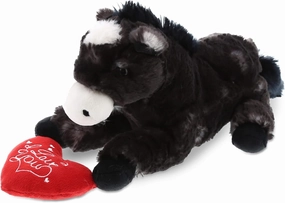 DolliBu I Love You Valentine Plush Lying Black Horse - Cute Stuffed Animal with Red Heart and Name Personalization Gift for Valentines Day, Birthday, Anniversary, Romantic Date - 10.5 Inches