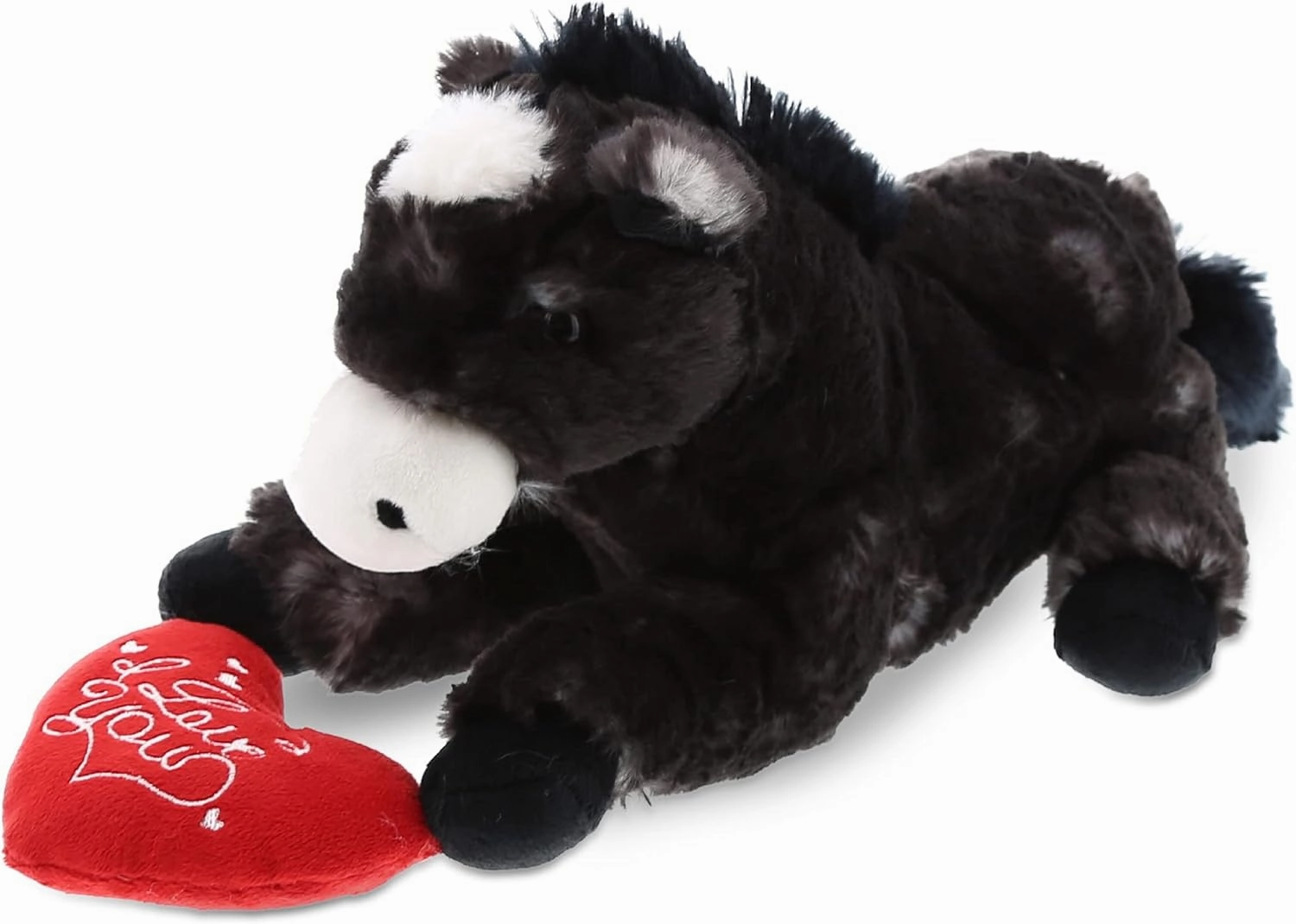 DolliBu I Love You Valentine Plush Lying Black Horse - Cute Stuffed Animal with Red Heart and Name Personalization Gift for Valentines Day, Birthday, Anniversary, Romantic Date - 10.5 Inches