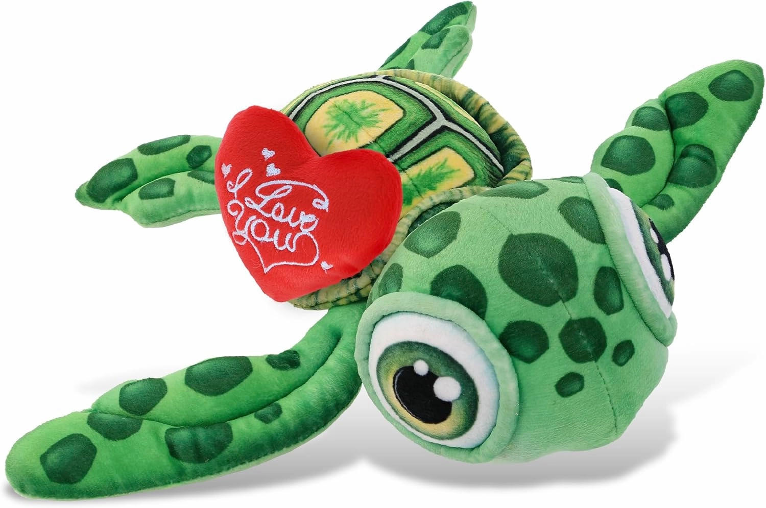 DolliBu I Love You Valentine Plush Plush Buddies Green Sea Turtle - Cute Stuffed Animal with Red Heart and Name Personalization Gift for Valentines Day, Birthday, Anniversary, Romantic Date - 14 Inch