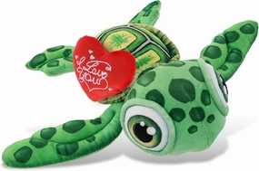 DolliBu I Love You Valentine Plush Plush Buddies Green Sea Turtle - Cute Stuffed Animal with Red Heart and Name Personalization Gift for Valentines Day, Birthday, Anniversary, Romantic Date - 14 Inch