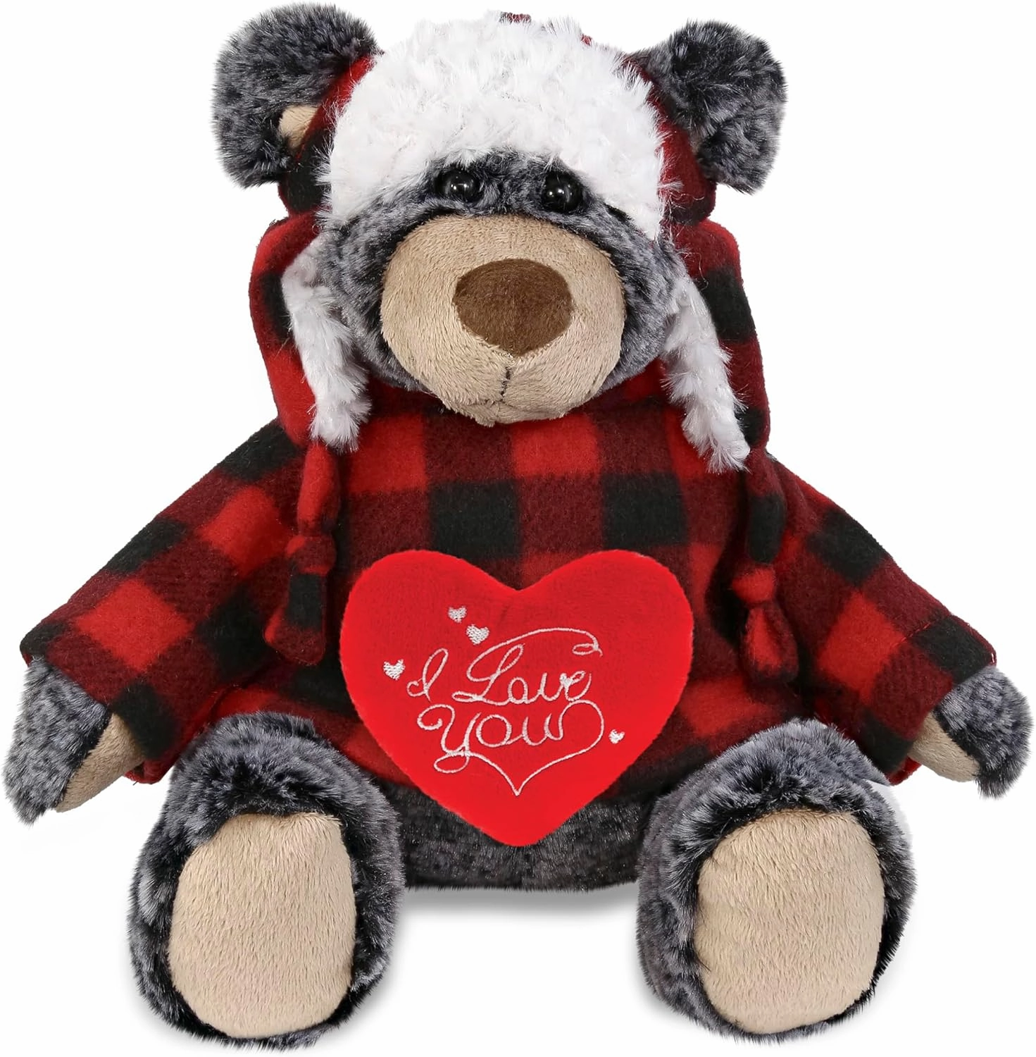 DolliBu I Love You Valentine Plush Red Plaid Outfit Black Bear - Cute Stuffed Animal with Red Heart and Name Personalization Gift for Valentines Day, Birthday, Anniversary, Romantic Date - 9 Inches