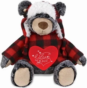 DolliBu I Love You Valentine Plush Red Plaid Outfit Black Bear - Cute Stuffed Animal with Red Heart and Name Personalization Gift for Valentines Day, Birthday, Anniversary, Romantic Date - 9 Inches