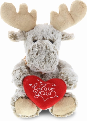 DolliBu I Love You Valentine Plush Sitting Moose - Cute Stuffed Animal with Red Heart and Name Personalization Gift for Valentine's Day, Birthday, Anniversary, Romantic Date - 11 Inches