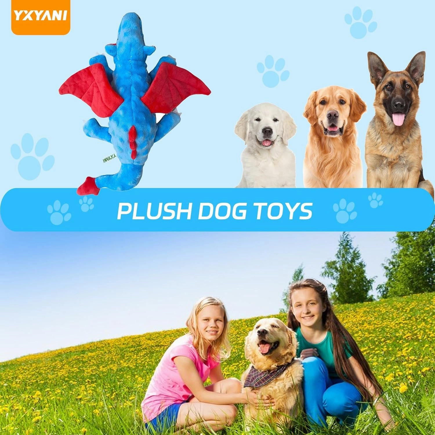Dragon Dog Squeak Plush Toy Chew Toy Resistant to Bite Keeps Dogs Healthy and Happy Birthday Gift Suitable for Large, Medium and Small Dogs Blue 14 Inch