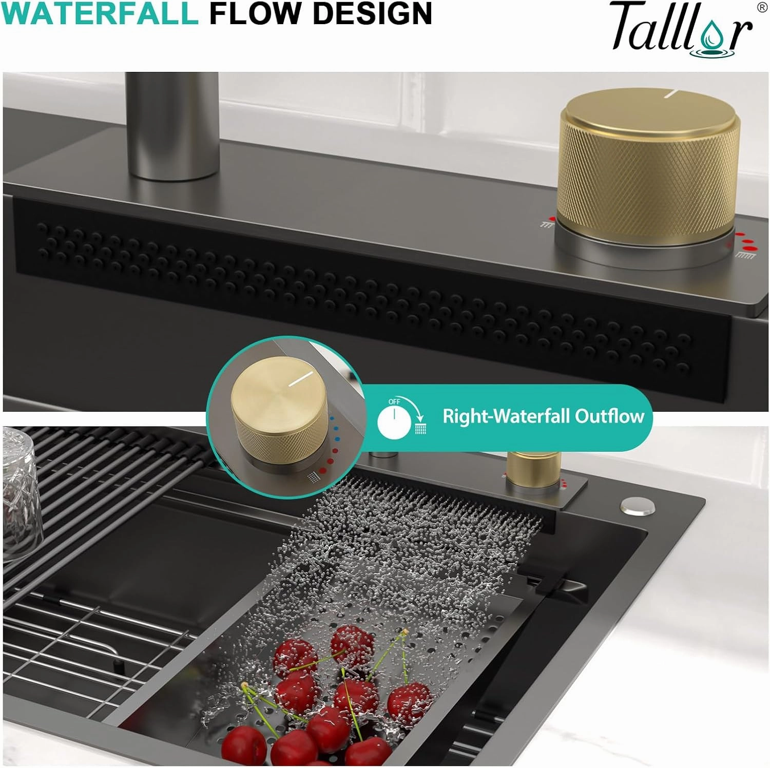 Drop In Waterfall Kitchen Sink - 33x22 Smart Black Kitchen Sink Multifunctional Workstation Topmount 16 Gauge Stainless Steel Over Mount Single Bowl Sinks with Faucet Combo #TLWF-0001