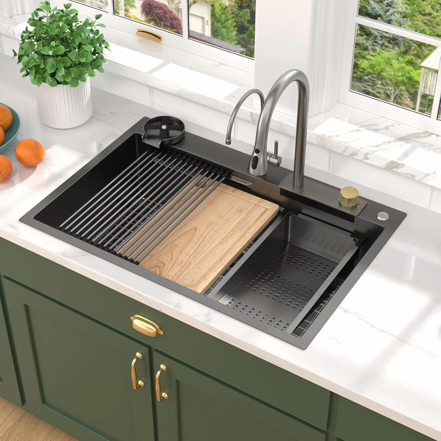 Drop In Waterfall Kitchen Sink - 33x22 Smart Black Kitchen Sink Multifunctional Workstation Topmount 16 Gauge Stainless Steel Over Mount Single Bowl Sinks with Faucet Combo #TLWF-0001
