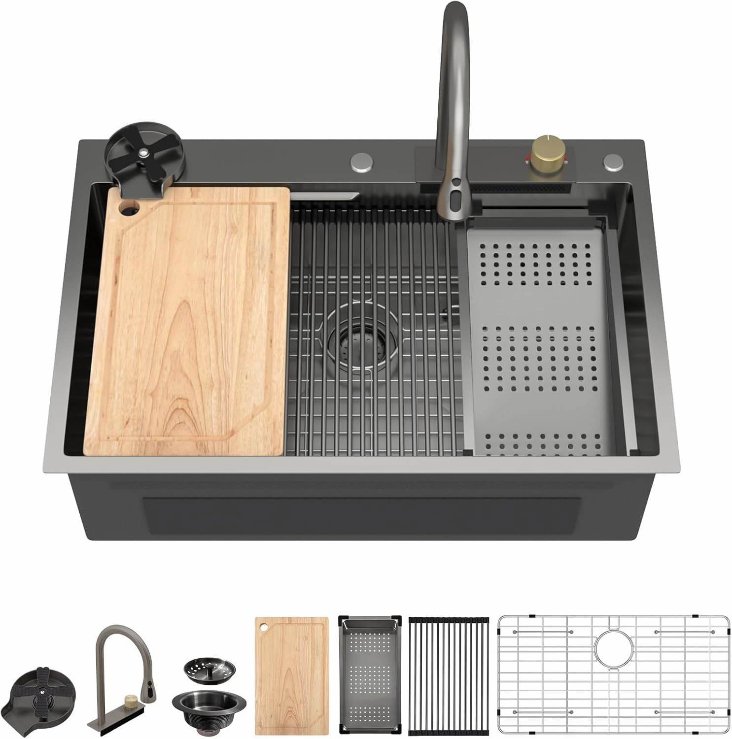 Drop In Waterfall Kitchen Sink - 33x22 Smart Black Kitchen Sink Multifunctional Workstation Topmount 16 Gauge Stainless Steel Over Mount Single Bowl Sinks with Faucet Combo #TLWF-0001