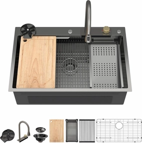 Drop In Waterfall Kitchen Sink - 33x22 Smart Black Kitchen Sink Multifunctional Workstation Topmount 16 Gauge Stainless Steel Over Mount Single Bowl Sinks with Faucet Combo #TLWF-0001