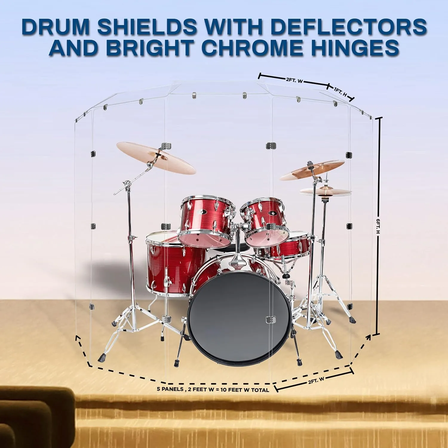 Drum Shield 6ft w/Deflectors & Chrome Hinges, Comes w/ 5 Drum Panels, 5 Deflectors, Chrome Hinges & Deflector Connectors, Premium Clear Acrylic Panels