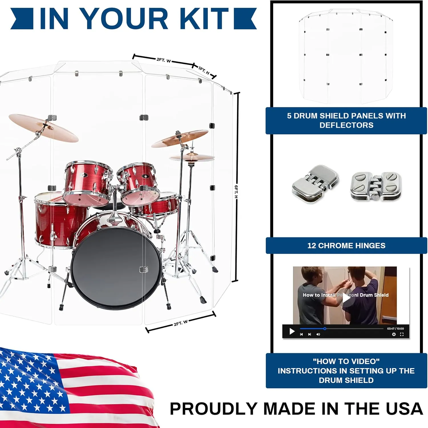 Drum Shield 6ft w/Deflectors & Chrome Hinges, Comes w/ 5 Drum Panels, 5 Deflectors, Chrome Hinges & Deflector Connectors, Premium Clear Acrylic Panels