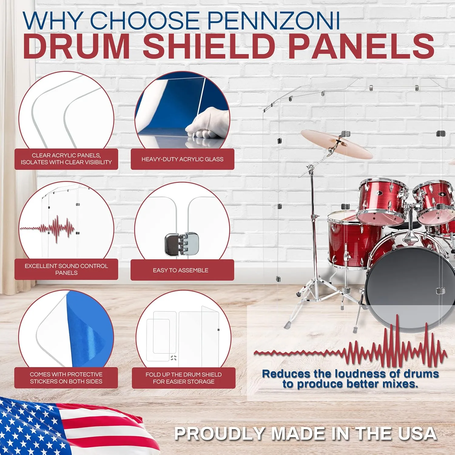 Drum Shield 6ft w/Deflectors & Chrome Hinges, Comes w/ 5 Drum Panels, 5 Deflectors, Chrome Hinges & Deflector Connectors, Premium Clear Acrylic Panels