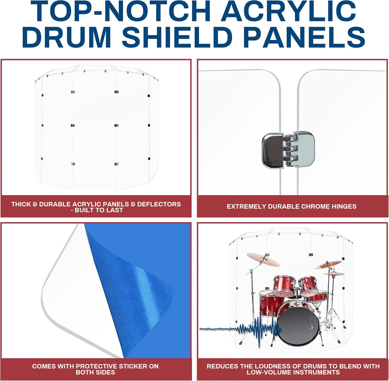 Drum Shield 6ft w/Deflectors & Chrome Hinges, Comes w/ 5 Drum Panels, 5 Deflectors, Chrome Hinges & Deflector Connectors, Premium Clear Acrylic Panels