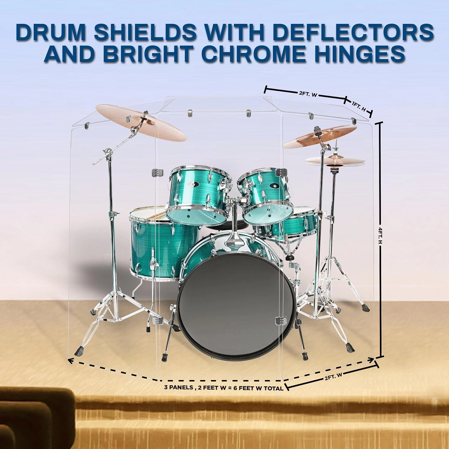 Drum Shield 4ft w/Deflectors & Chrome Hinges, Comes w/ 3 Drum Panels, 3 Deflectors, Chrome Hinges & Deflector Connectors, Premium Clear Acrylic Panels