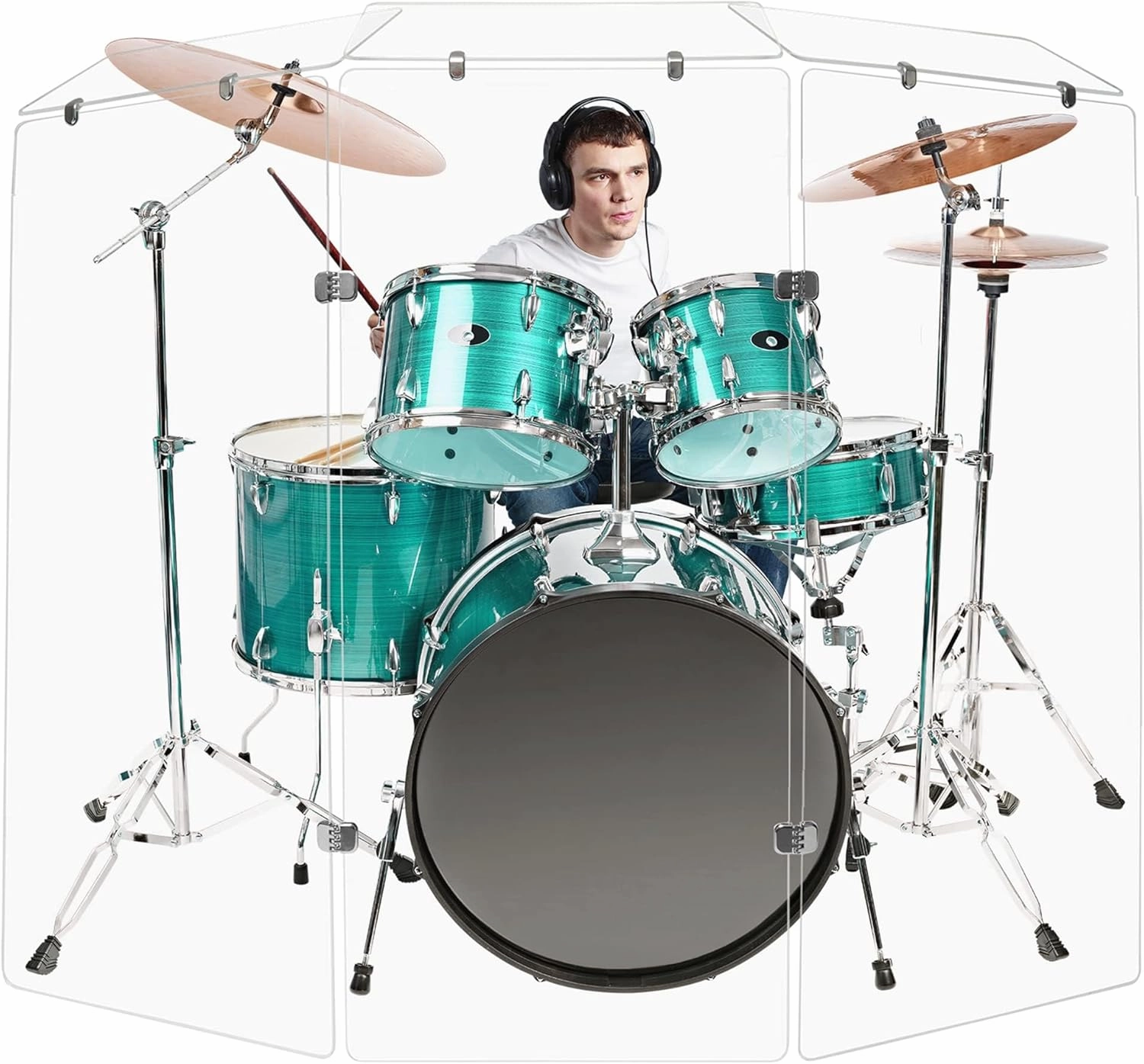 Drum Shield 4ft w/Deflectors & Chrome Hinges, Comes w/ 3 Drum Panels, 3 Deflectors, Chrome Hinges & Deflector Connectors, Premium Clear Acrylic Panels