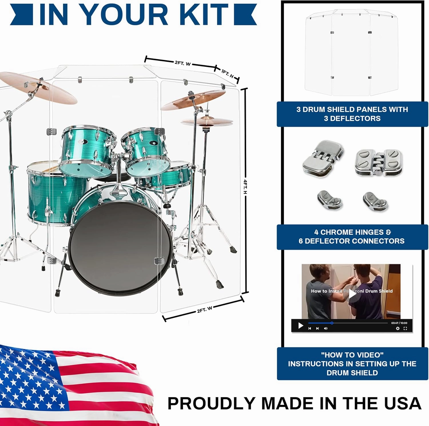 Drum Shield 4ft w/Deflectors & Chrome Hinges, Comes w/ 3 Drum Panels, 3 Deflectors, Chrome Hinges & Deflector Connectors, Premium Clear Acrylic Panels