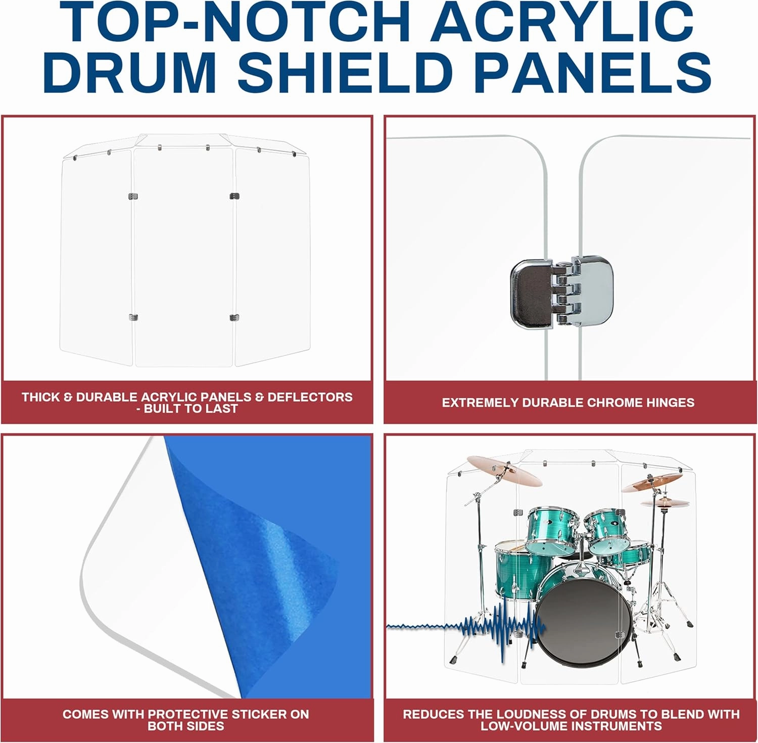 Drum Shield 4ft w/Deflectors & Chrome Hinges, Comes w/ 3 Drum Panels, 3 Deflectors, Chrome Hinges & Deflector Connectors, Premium Clear Acrylic Panels