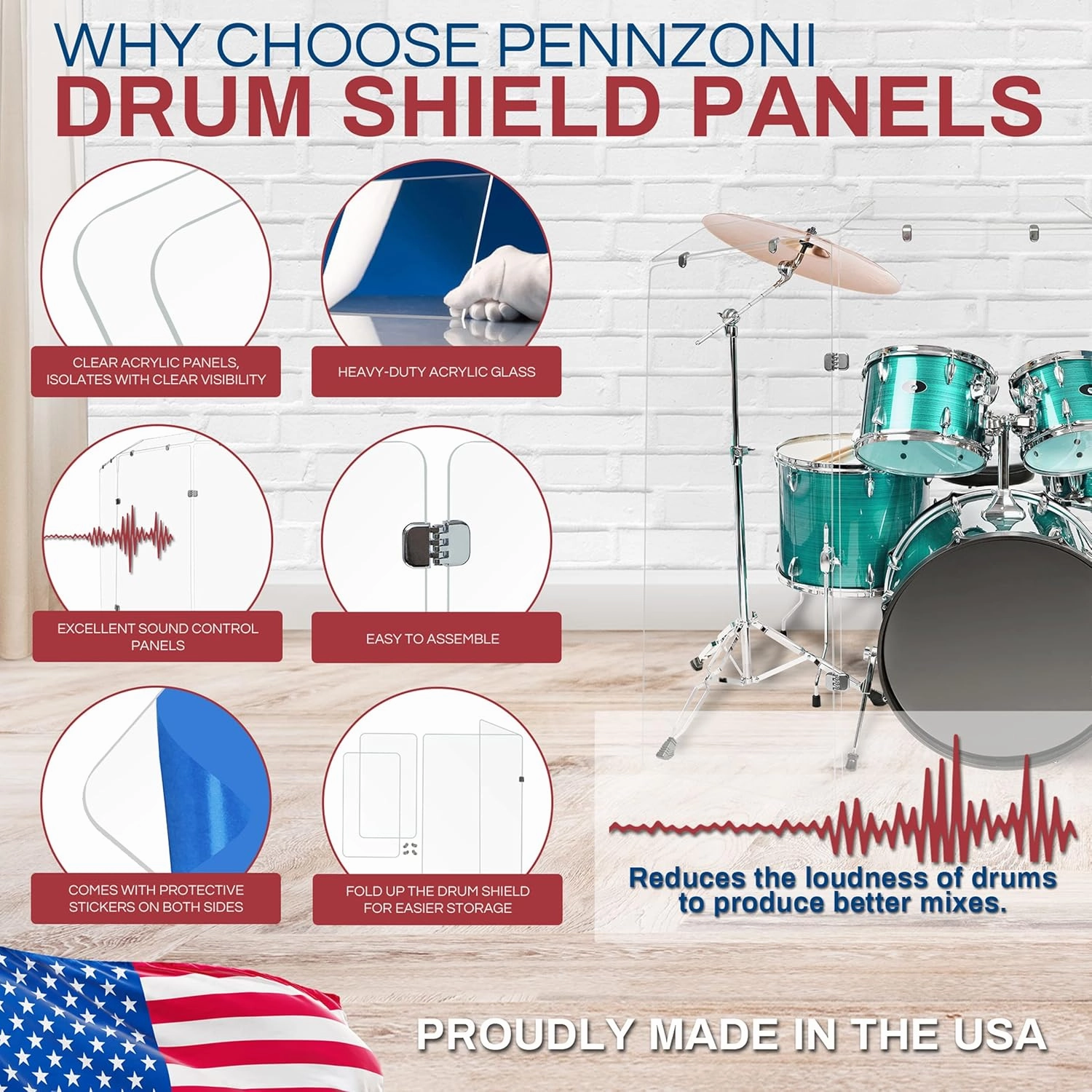 Drum Shield 4ft w/Deflectors & Chrome Hinges, Comes w/ 3 Drum Panels, 3 Deflectors, Chrome Hinges & Deflector Connectors, Premium Clear Acrylic Panels