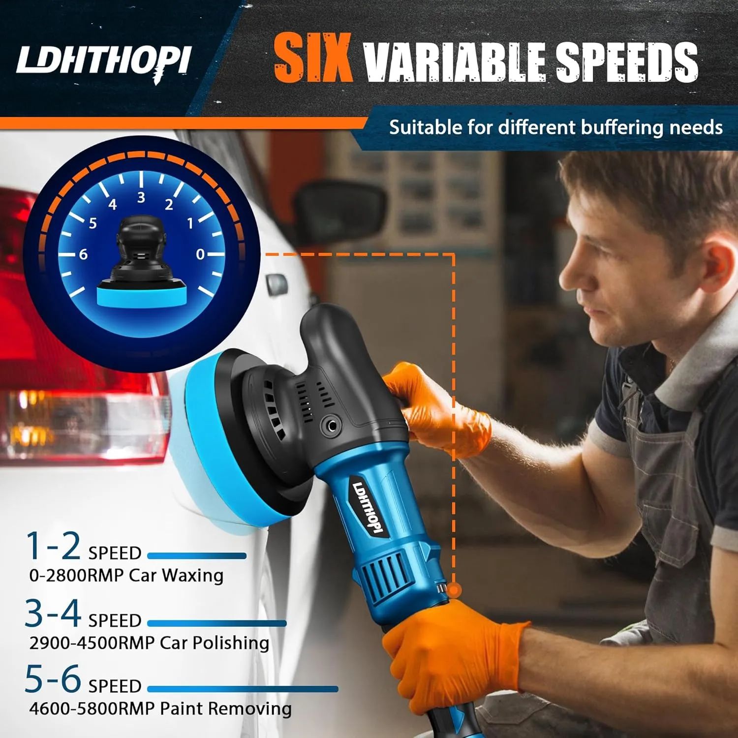 Dual Action Polisher, 980W 5/6 Inch, 9MM Random Orbital Buffer Polisher for Car Detailing, 2800-5800RMP, 6 Variable Speed Buffer Polisher with 8 Detachable Pads
