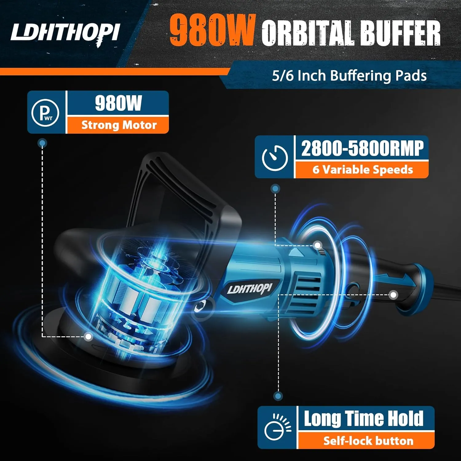 Dual Action Polisher, 980W 5/6 Inch, 9MM Random Orbital Buffer Polisher for Car Detailing, 2800-5800RMP, 6 Variable Speed Buffer Polisher with 8 Detachable Pads