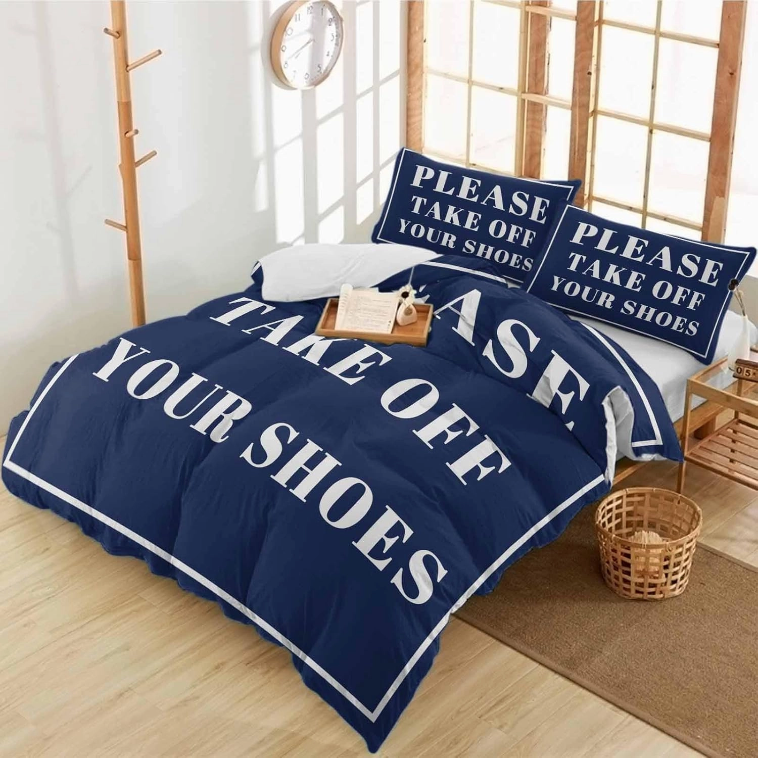 Duvet Cover Set Twin, Modern Lines Take Off Your Shoes 3 Piece Bedding Set Breathable Quilt Cover Set, Dark Blue Background Soft Microfiber Bed Set with Pillow Shams