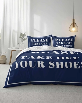 Duvet Cover Set Twin, Modern Lines Take Off Your Shoes 3 Piece Bedding Set Breathable Quilt Cover Set, Dark Blue Background Soft Microfiber Bed Set with Pillow Shams