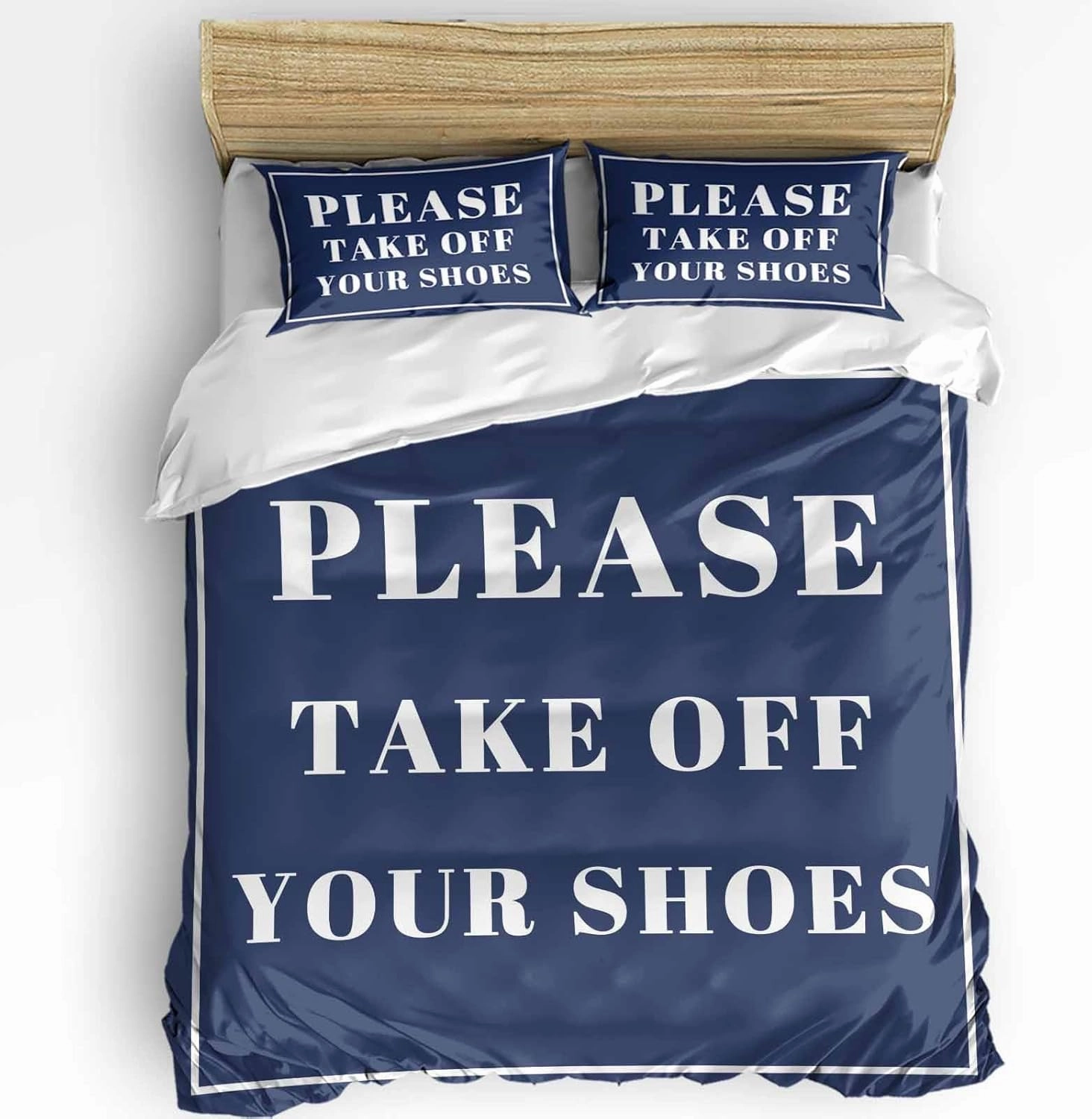 Duvet Cover Set Twin, Modern Lines Take Off Your Shoes 3 Piece Bedding Set Breathable Quilt Cover Set, Dark Blue Background Soft Microfiber Bed Set with Pillow Shams