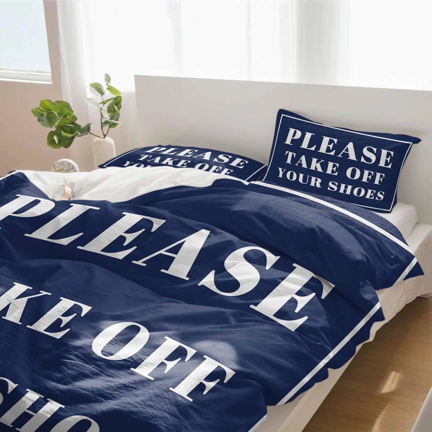 Duvet Cover Set Twin, Modern Lines Take Off Your Shoes 3 Piece Bedding Set Breathable Quilt Cover Set, Dark Blue Background Soft Microfiber Bed Set with Pillow Shams