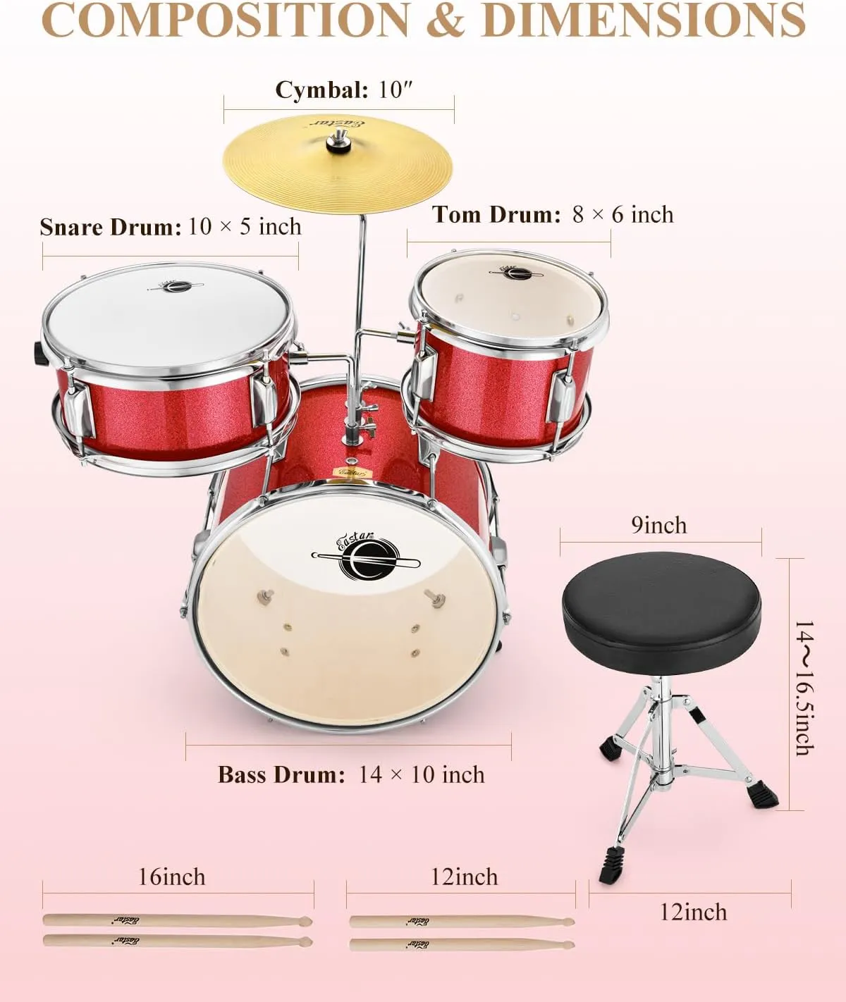 Eastar Drum Set for Kids and Beginners, 3-Piece 14'' Drum Kit with Adjustable Throne, Cymbal, Pedal & Two Pairs of Drumsticks, Junior Drum Set with Bass Tom Snare Drum, Metallic Red