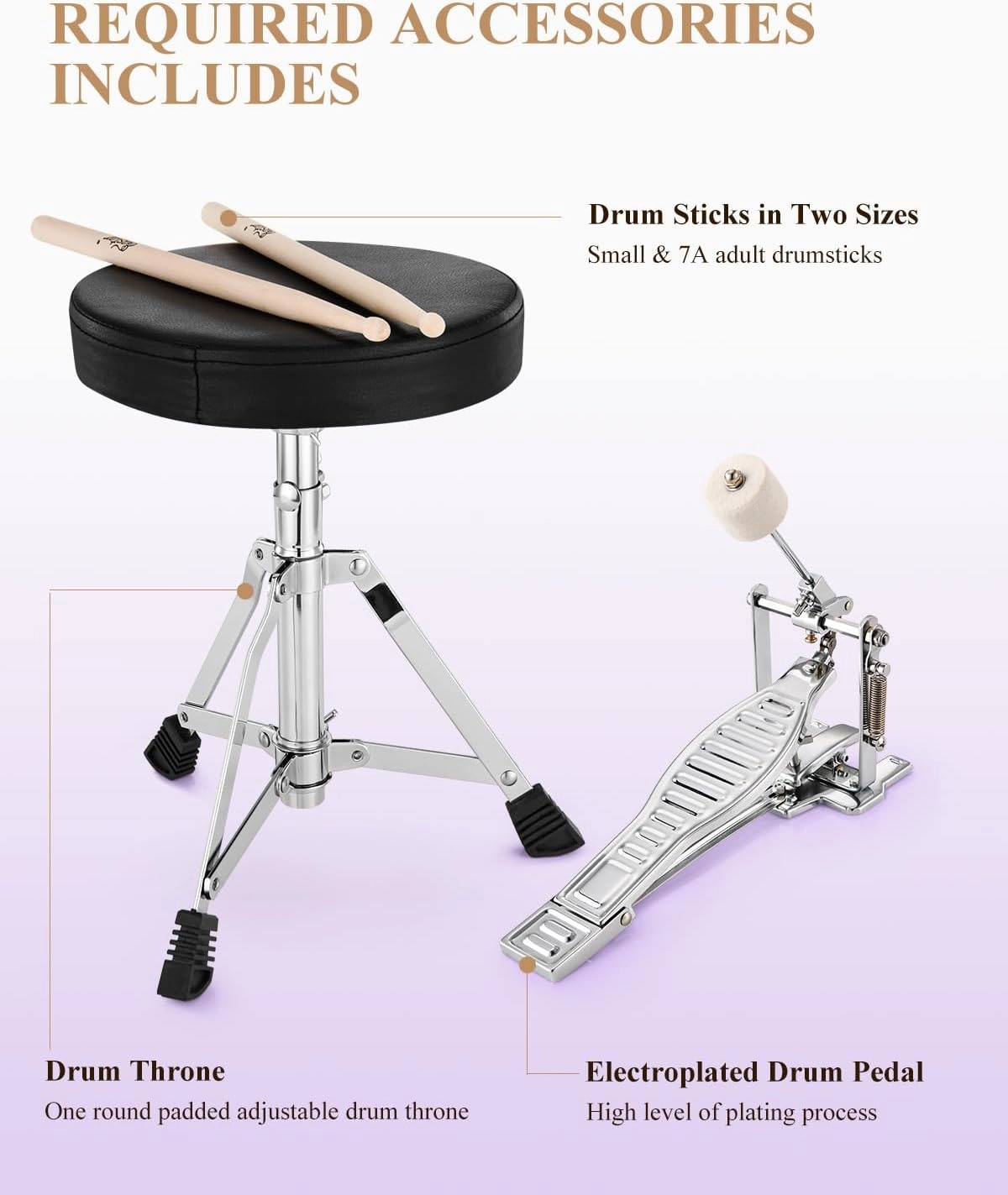 Eastar Drum Set 14 inch for Beginners,3 Piece Junior Drum Kit with Bass Tom Snare Drum,Adjustable Throne, Cymbal, Pedal & Two Pairs of Drumsticks, Metallic Purple