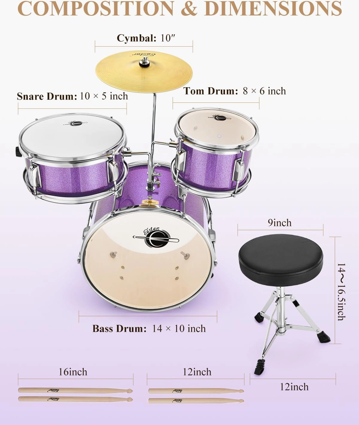 Eastar Drum Set 14 inch for Beginners,3 Piece Junior Drum Kit with Bass Tom Snare Drum,Adjustable Throne, Cymbal, Pedal & Two Pairs of Drumsticks, Metallic Purple