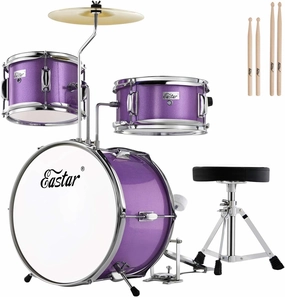 Eastar Drum Set 14 inch for Beginners,3 Piece Junior Drum Kit with Bass Tom Snare Drum,Adjustable Throne, Cymbal, Pedal & Two Pairs of Drumsticks, Metallic Purple