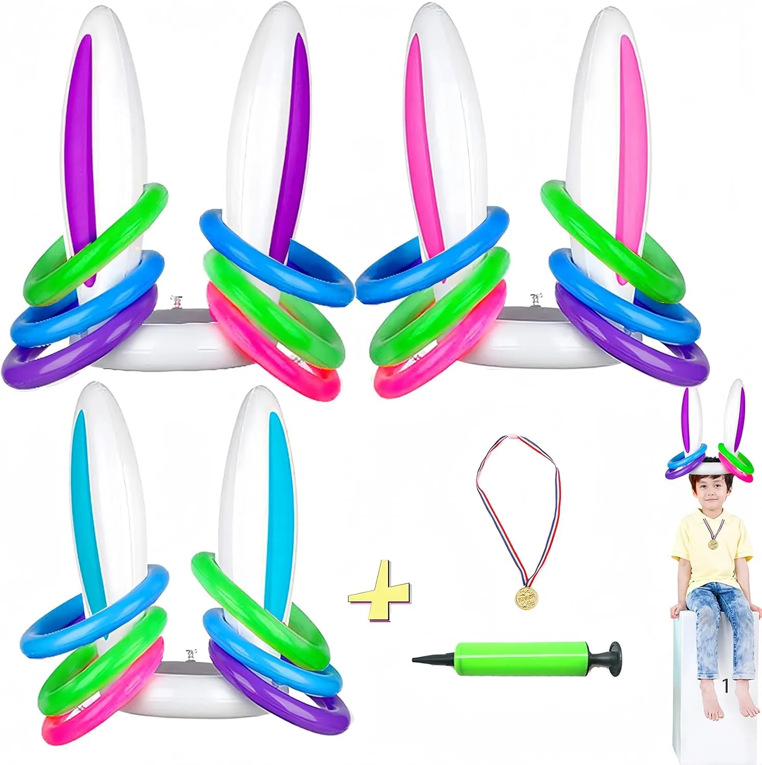 Easter Inflatable Bunny Ears Ring Toss Game,Inflatable Rabbit Ears Toys Gift for Kid Family School Party,Favor Indoor Outdoor Toss Game(3 Sets & 18Rings & 1 Medals