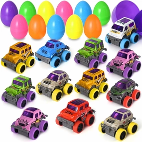 Easter Eggs Filled with Cars Toys, Colorful Prefilled Pull Back Monster Truck, 12 Pcs Easter Trucks Cars for Kids ​Boys Egg Hunt, Basket Stuffers Filler Classroom Prize Supplies, Party Favors