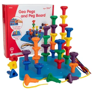 edxeducation Geo Pegs and Peg Board Set - 36 Pegs in 3 Shapes and 6 Colors   3 Laces - Ages 18m  - Homeschool Supplies for Preschool Activities