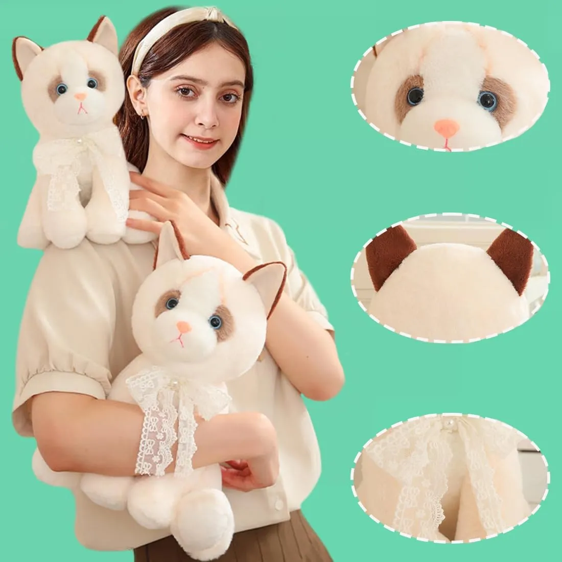 ELAINREN White Lace Kitten Stuffed Toy,Ultra-Soft Kitty Plush Hugging Pillow Cuddle and Furry Cat Plushie Doll Gifts/12.9''