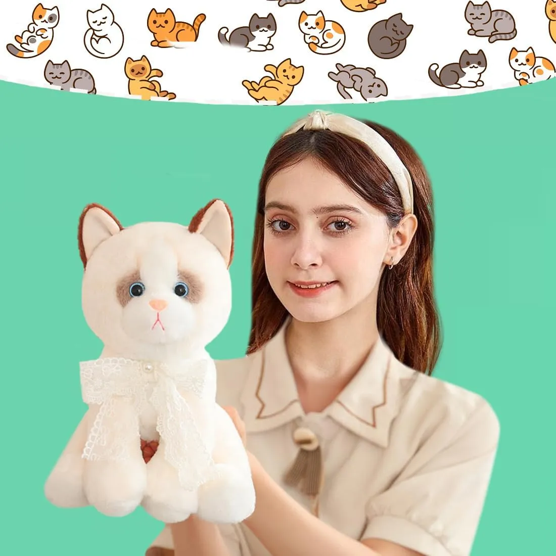 ELAINREN White Lace Kitten Stuffed Toy,Ultra-Soft Kitty Plush Hugging Pillow Cuddle and Furry Cat Plushie Doll Gifts/12.9''