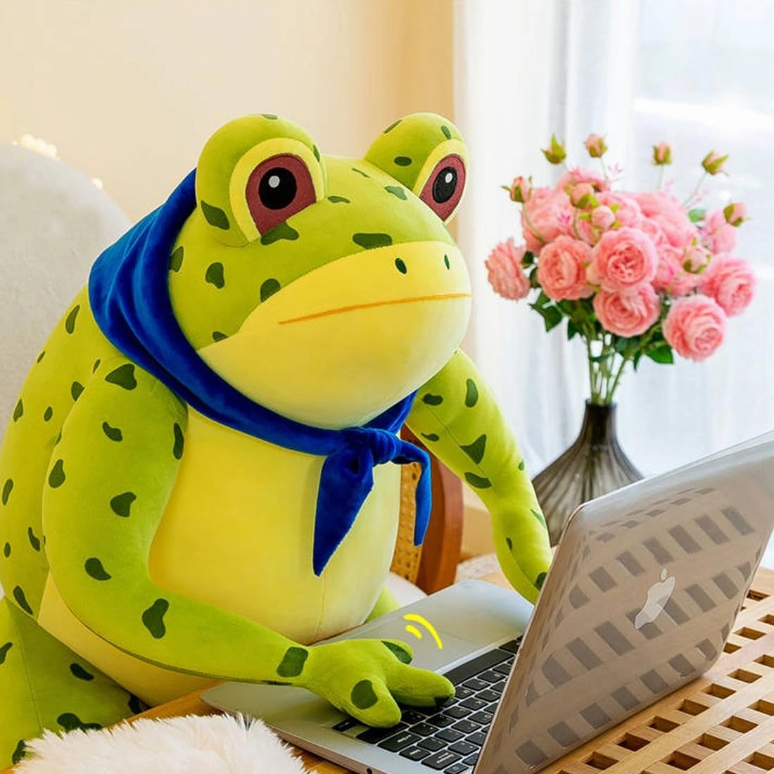 ELAINREN Lifelike Big Frog Plush with Scraf,Ultra-Soft Realistic Green Froggy Stuffed Pillow Cuddle and Fluffy Tree Frog Plushie Doll Gifts/21.6''
