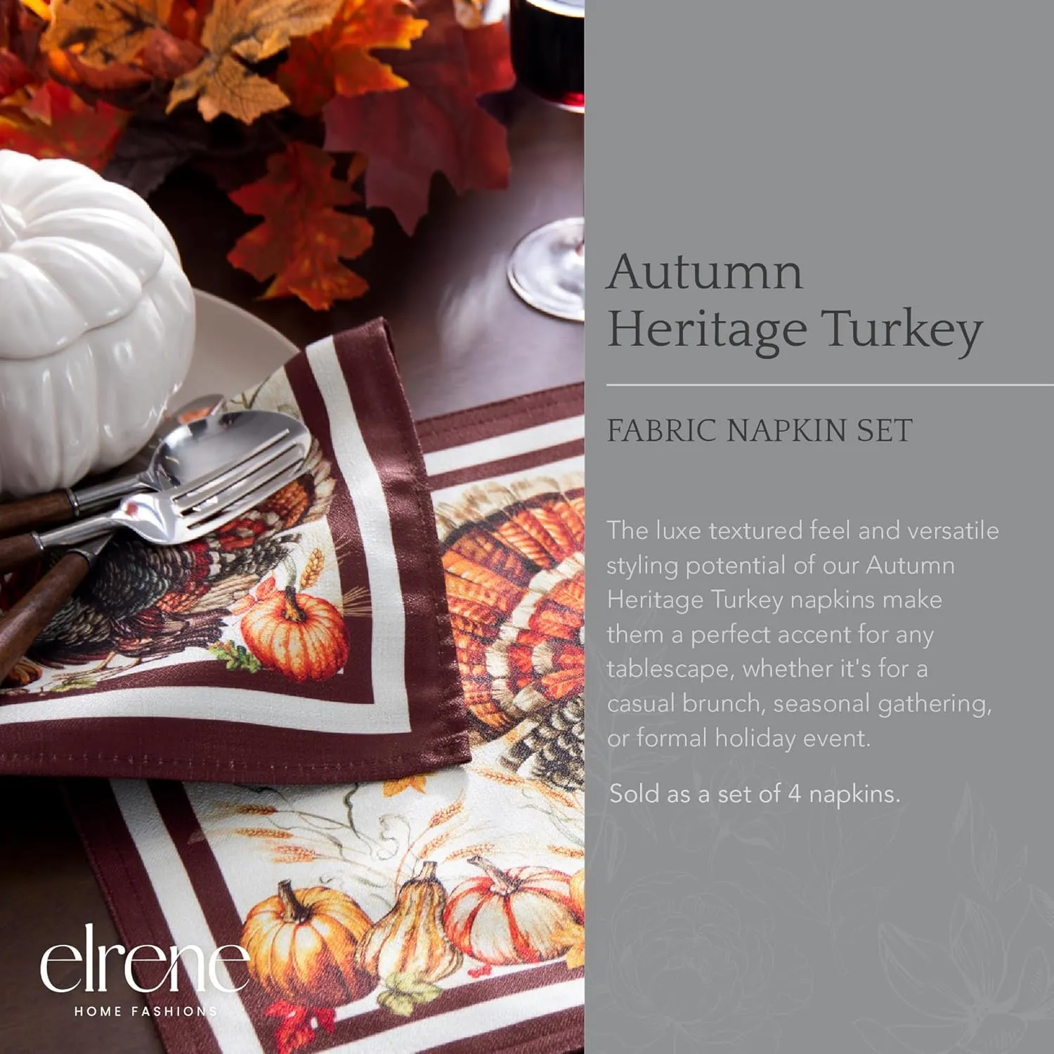 Elrene Home Fashions Autumn Heritage Turkey Engineered Napkins, Set of 4, 17"x17"