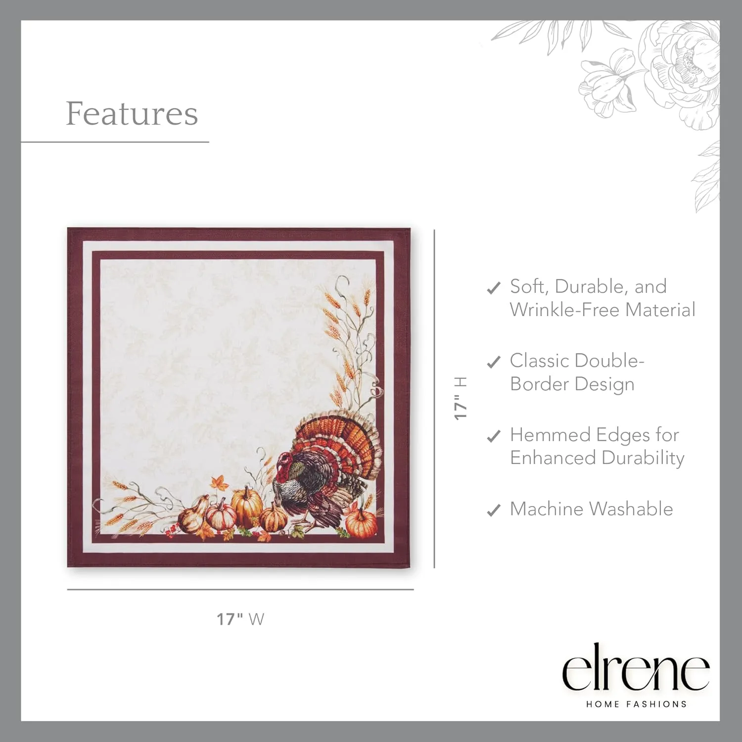 Elrene Home Fashions Autumn Heritage Turkey Engineered Napkins, Set of 4, 17"x17"