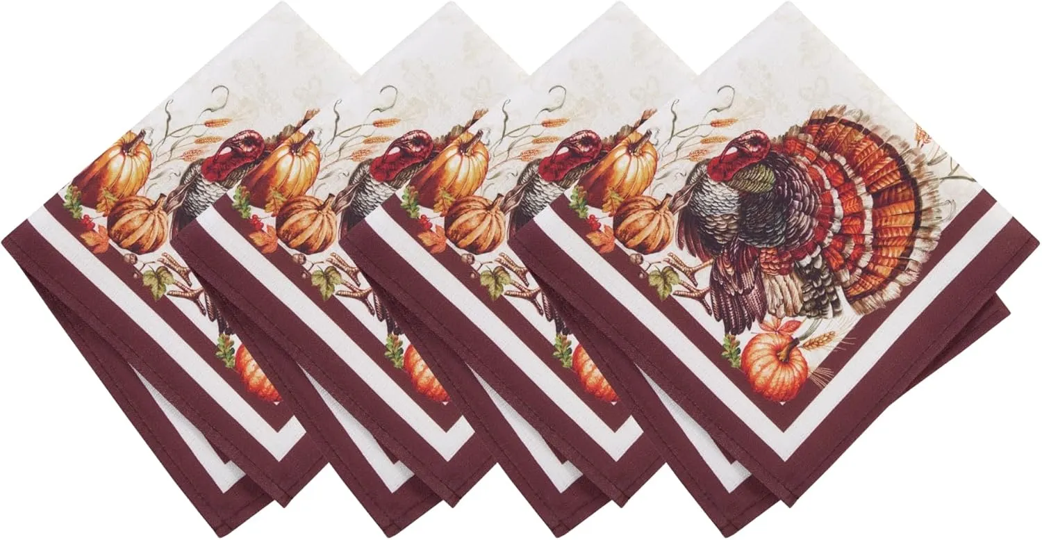 Elrene Home Fashions Autumn Heritage Turkey Engineered Napkins, Set of 4, 17"x17"
