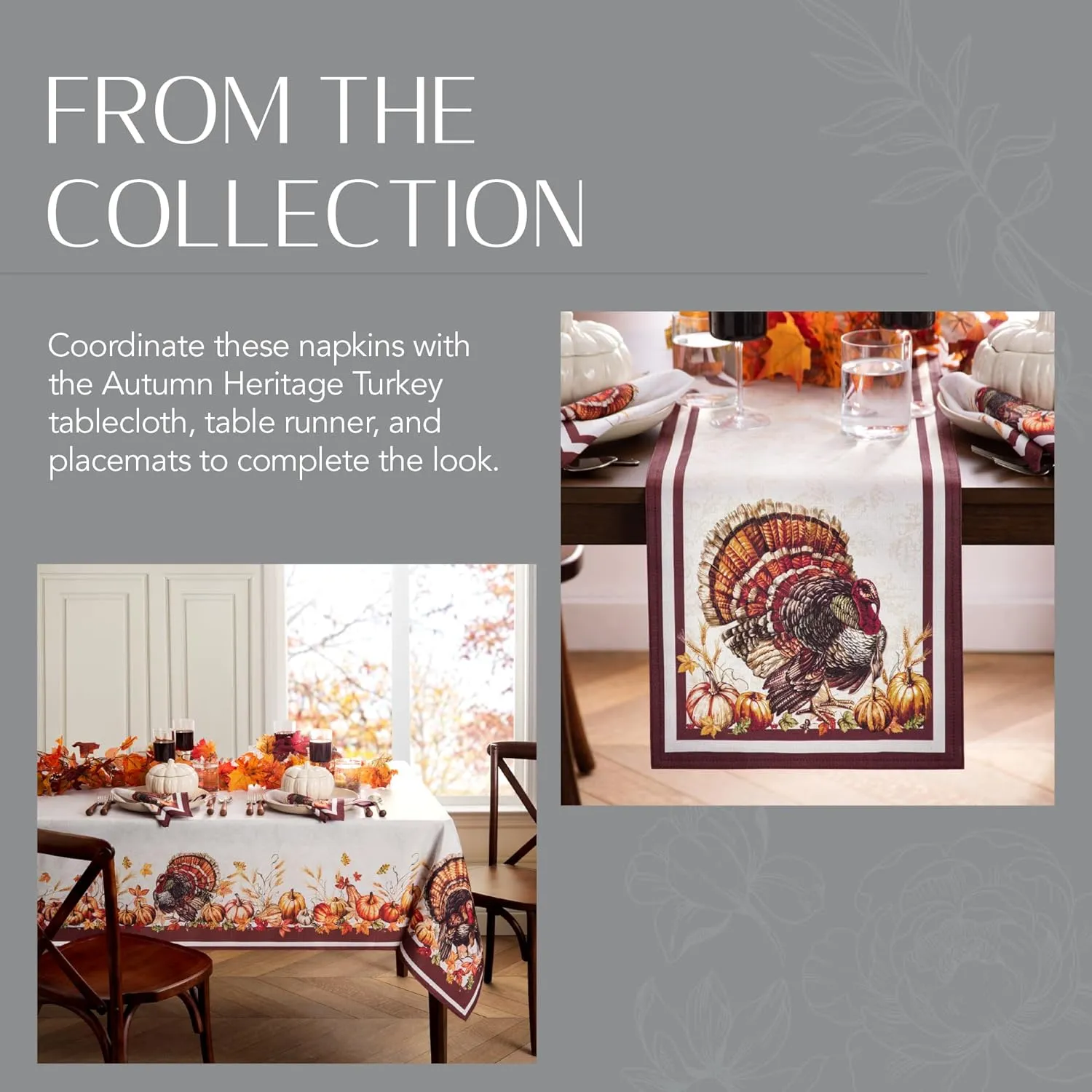 Elrene Home Fashions Autumn Heritage Turkey Engineered Napkins, Set of 4, 17"x17"