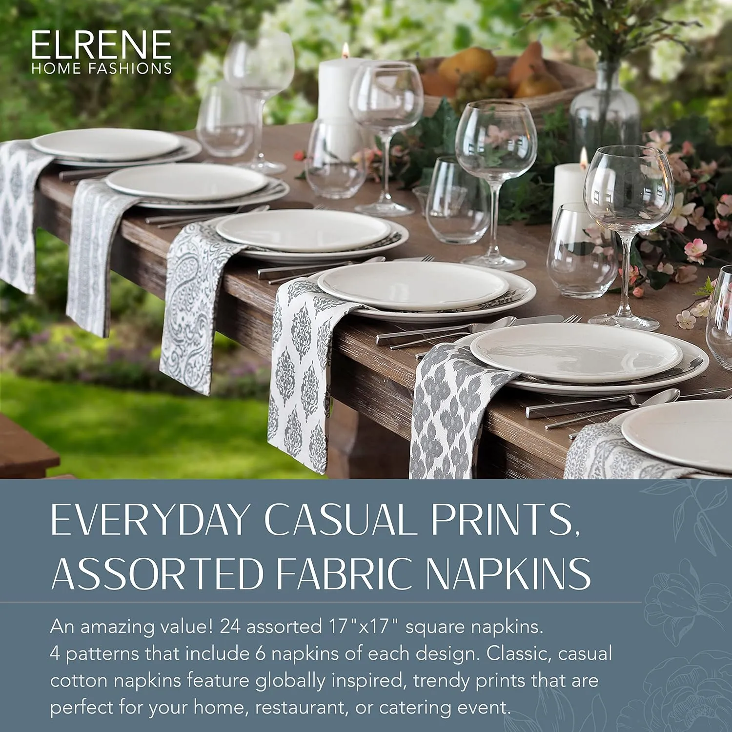 Elrene Home Fashions Everyday Casual Prints Assorted Fabric Decorative Cloth Napkins and Table Accessories, 17"x17", Set of 24, Gray, 24 Count