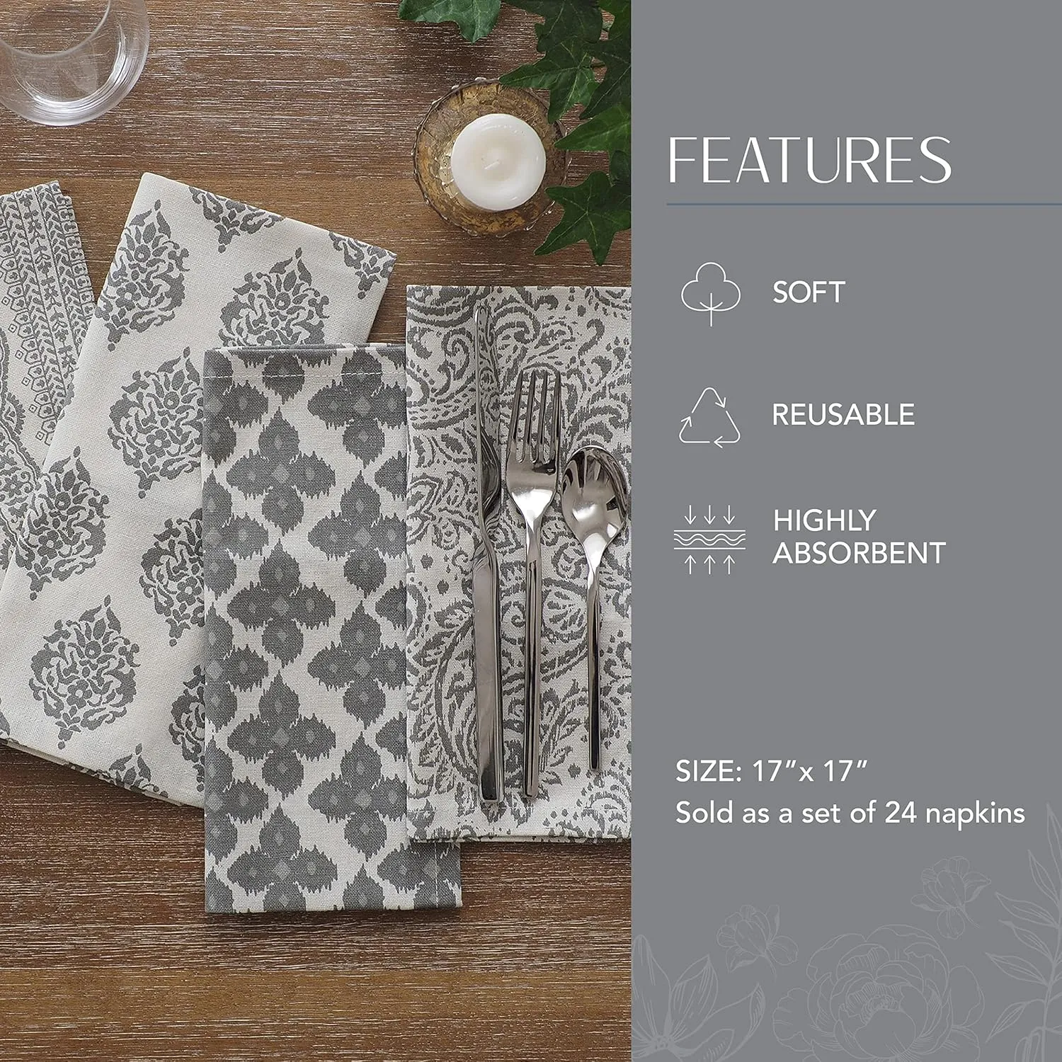 Elrene Home Fashions Everyday Casual Prints Assorted Fabric Decorative Cloth Napkins and Table Accessories, 17"x17", Set of 24, Gray, 24 Count