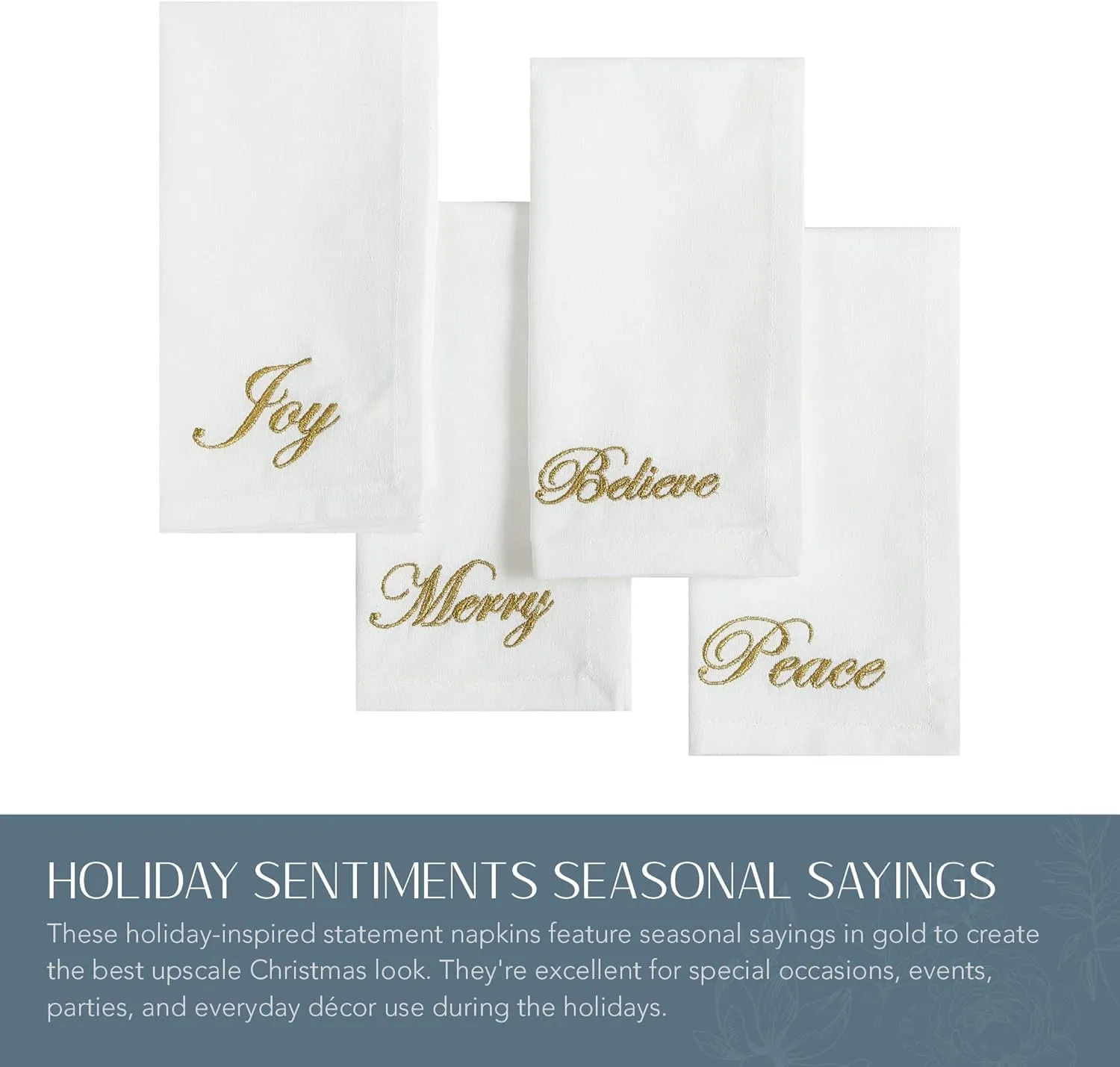 Elrene Home Fashions Holiday Sentiments Seasonal Sayings Cloth Dinner Napkins, Set of 4, 17 Inches by 17 Inches, Ivory
