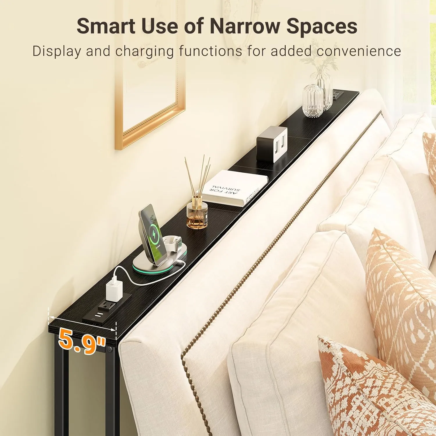 ELYKEN 2 Pack 5.9" Narrow Console Sofa Table with Power Outlets, Total 78.8” Long Behind Couch Table with Charge Station and 5.9’ Extension Cord for Living Room, 5.9" D x 78.8”W x 29.5”H, Black