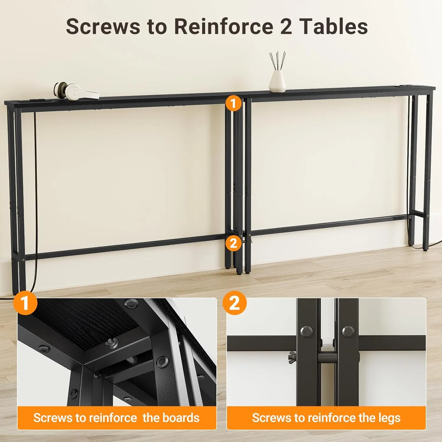 ELYKEN 2 Pack 5.9" Narrow Console Sofa Table with Power Outlets, Total 78.8” Long Behind Couch Table with Charge Station and 5.9’ Extension Cord for Living Room, 5.9" D x 78.8”W x 29.5”H, Black